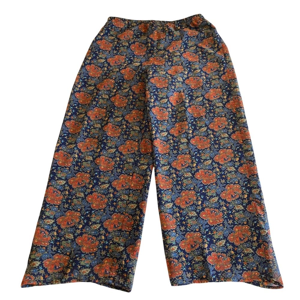 Lizsport Petite Pants Women M Navy Blue Floral Paisley Wide Leg Elastic Waist